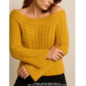 Vintage Cable Knit Sweater XL Off Shoulder Flutter Cuffs Gold Metallic Cozy